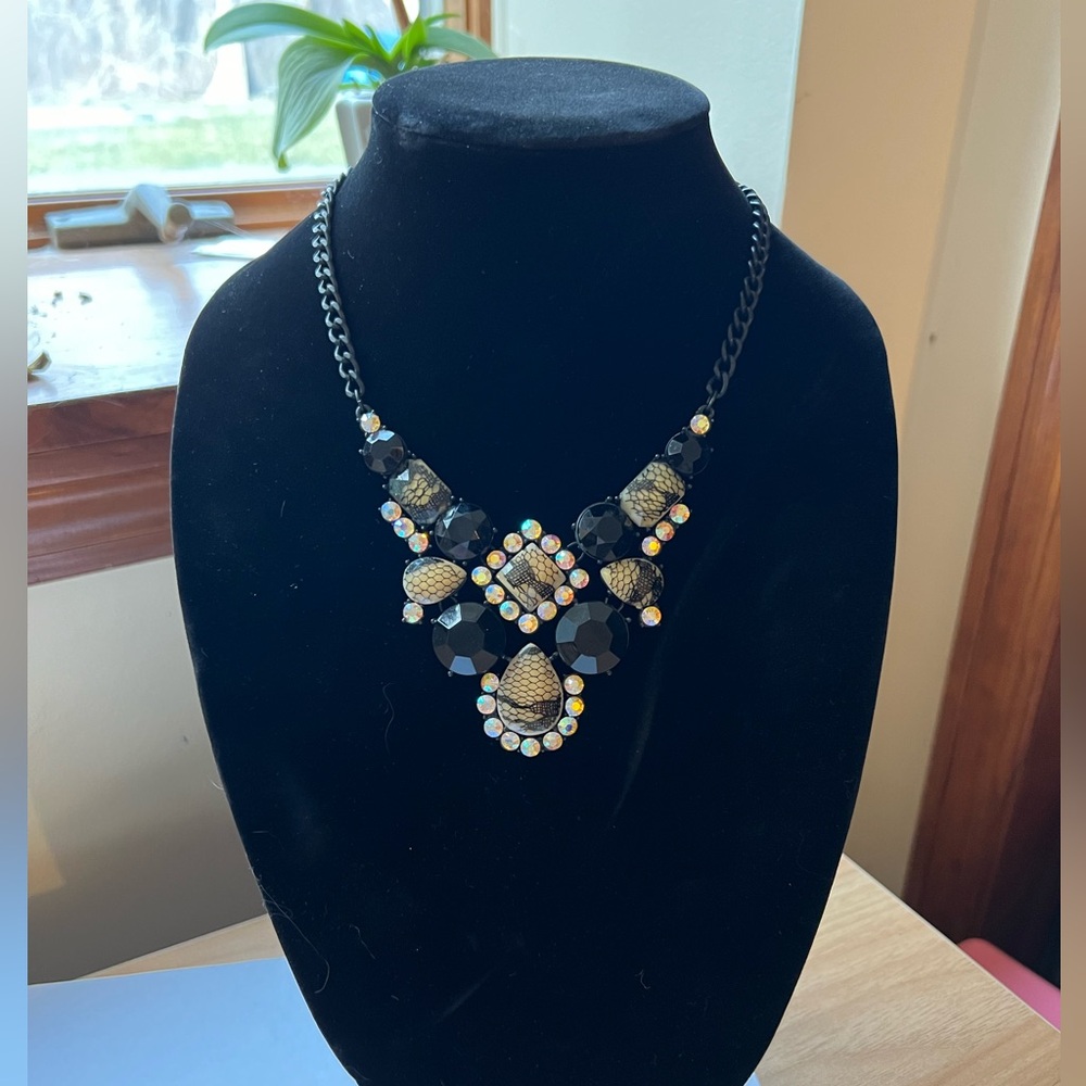 Statement Necklace - Black, Ivory & Gold with AB accents